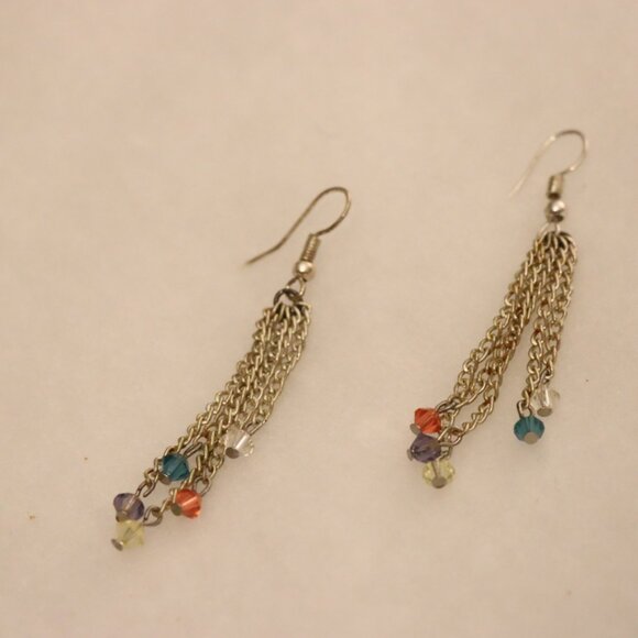 Dangle drop chain link earrings, rainbow colorful fun beads on chain ends - Picture 6 of 7